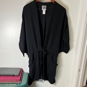 Prairie Underground 100% Cotton Black Kimono Tie Waist Lagenlook Cardigan Sz M/L